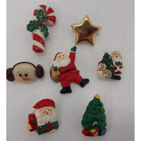 Pin Lot of 7 Assortment. Santas, Candy Can, Snowman, Tree, Star Resin Christmas - Picture 1 of 2